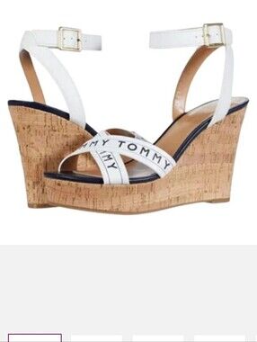 Tommy Hilfiger Sandals Womens 9.5 White Wedge Ankle Strap Buckle‎ Logo Open Toe